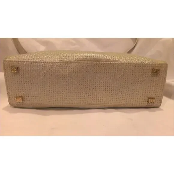 ESCADA Pearlized Light Olive Green & Silver Pearl Woven Leather Handbag - Picture 3 of 11